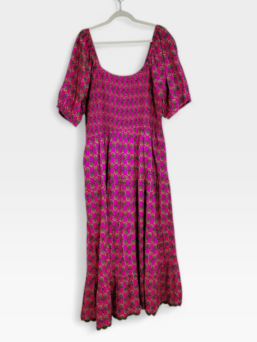 LEA Fuschia Floral Indian Block Print Smocked Puff Sleeve Maxi Dress 2X